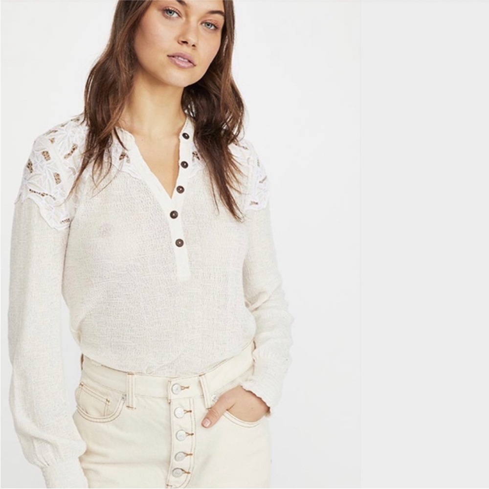 Free People Easy Breezy Lace Trim Embroidered Henley Top XS /  Long Sleeve